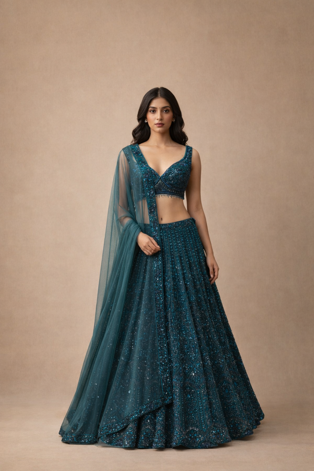 Deep Teal Blue Sequin Embroidered Bridal Lehenga Chol