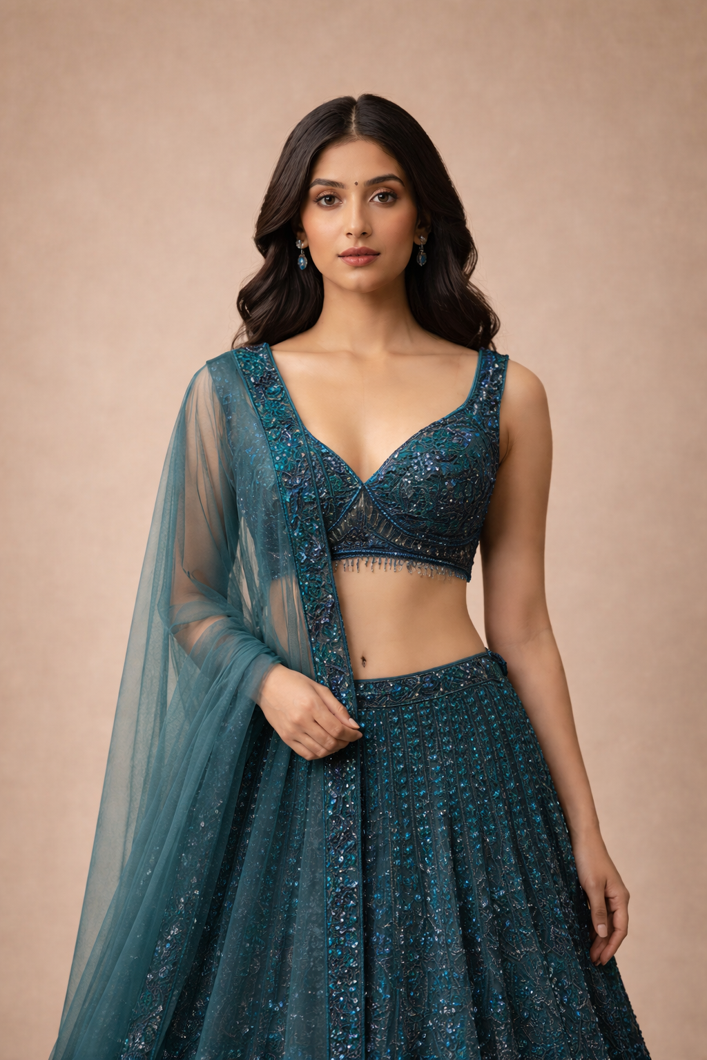 Deep Teal Blue Sequin Embroidered Bridal Lehenga Chol