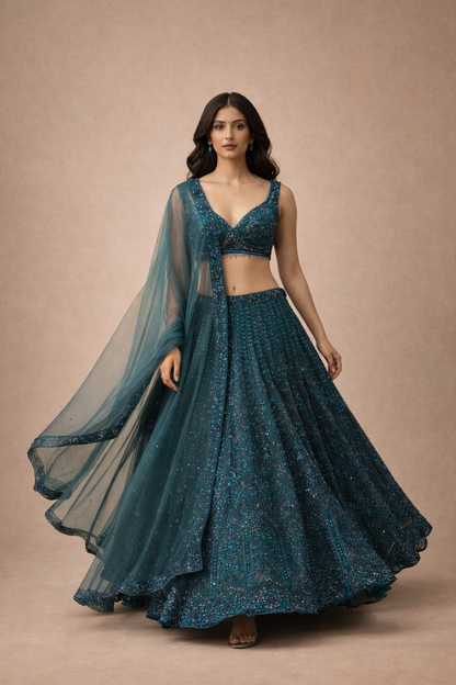 Deep Teal Blue Sequin Embroidered Bridal Lehenga Chol