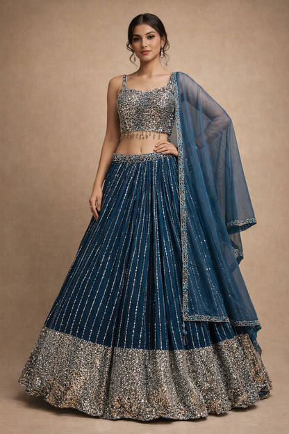 Deep Teal Blue Sequin Lehenga with Embroidered Net Dupatta