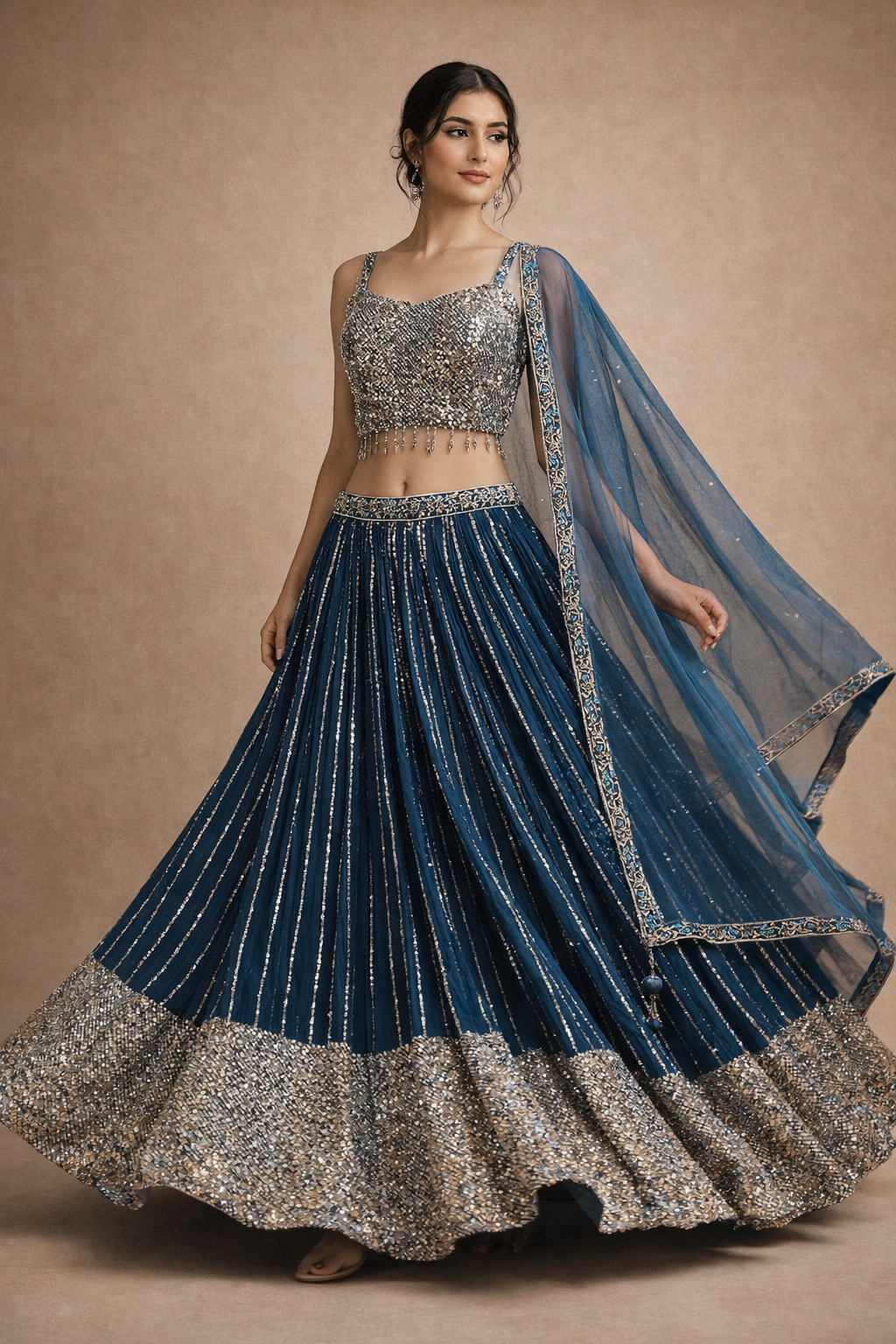 Deep Teal Blue Sequin Lehenga with Embroidered Net Dupatta