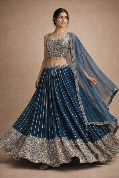 Deep Teal Blue Sequin Lehenga with Embroidered Net Dupatta