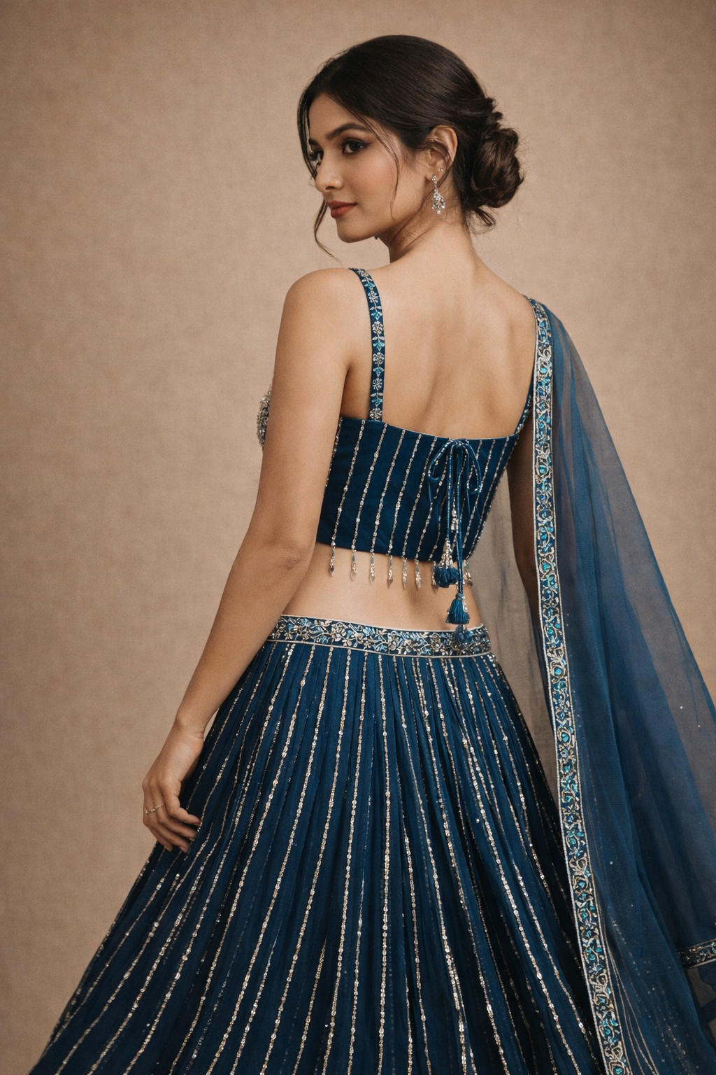 Deep Teal Blue Sequin Lehenga with Embroidered Net Dupatta