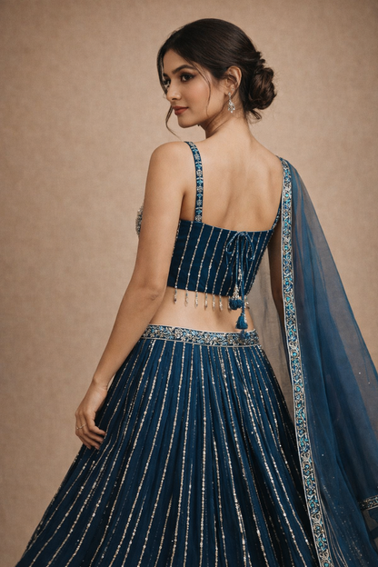 Deep Teal Blue Sequin Lehenga with Embroidered Net Dupatta