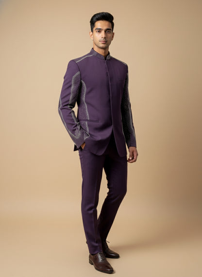 Deep Wine Indo Western Suit with Diamond Studded Detailing
