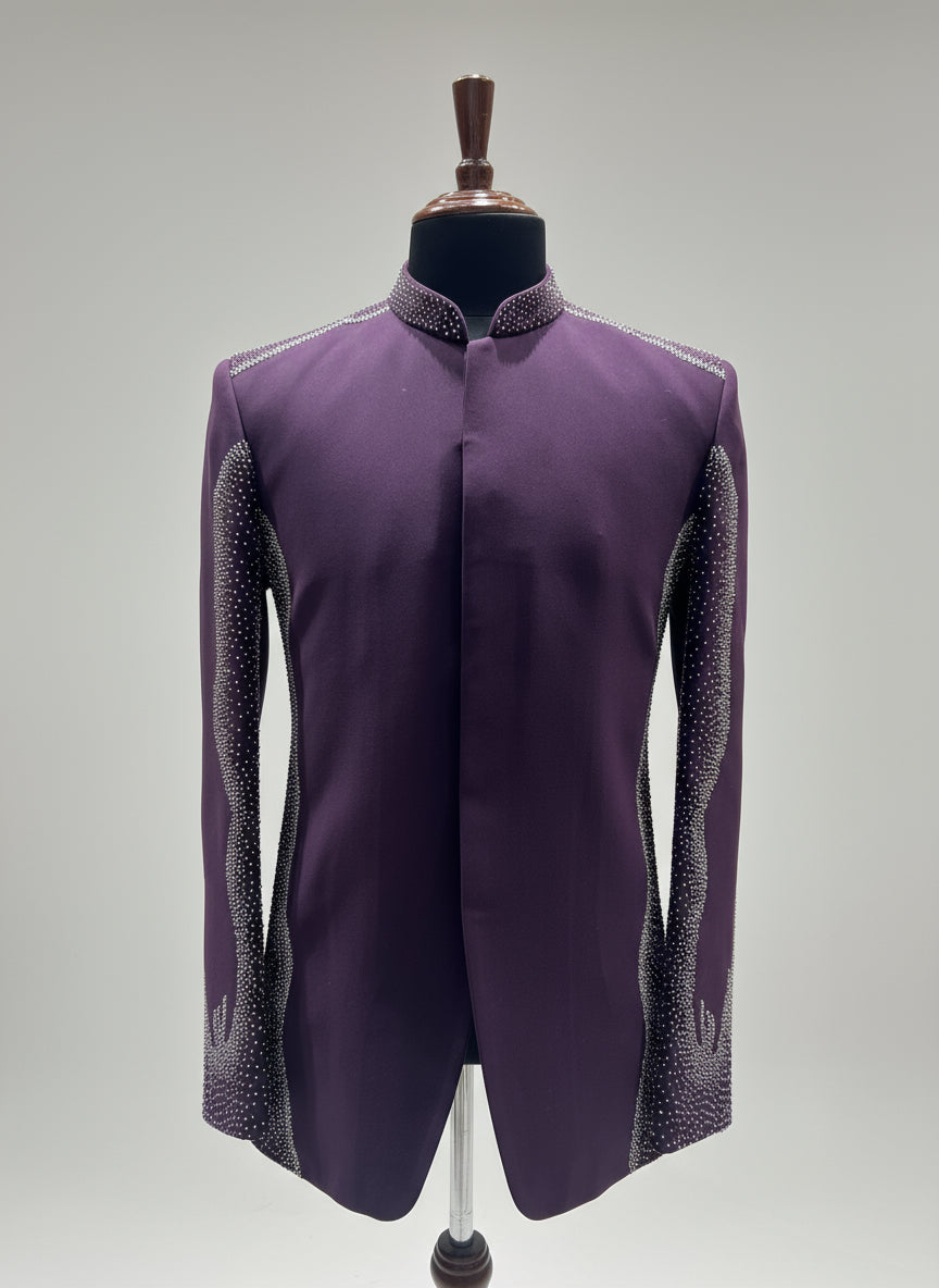 Deep Wine Indo Western Suit with Diamond Studded Detailing