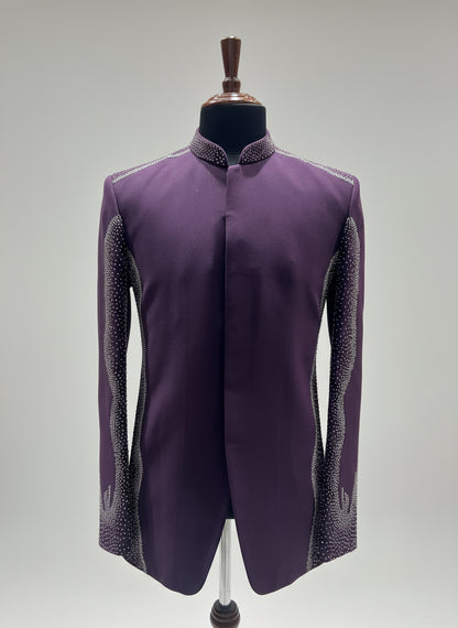 Deep Wine Indo Western Suit with Diamond Studded Detailing