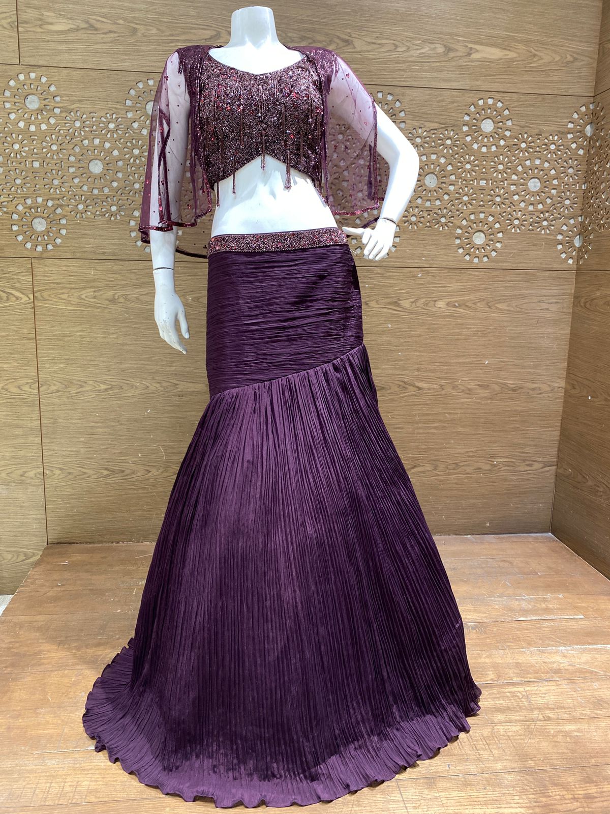 Deep Wine Plum Embroidered Mermaid Style Lehenga Choli with Cape Sleeves