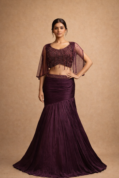 Deep Wine Plum Embroidered Mermaid Style Lehenga Choli with Cape Sleeves