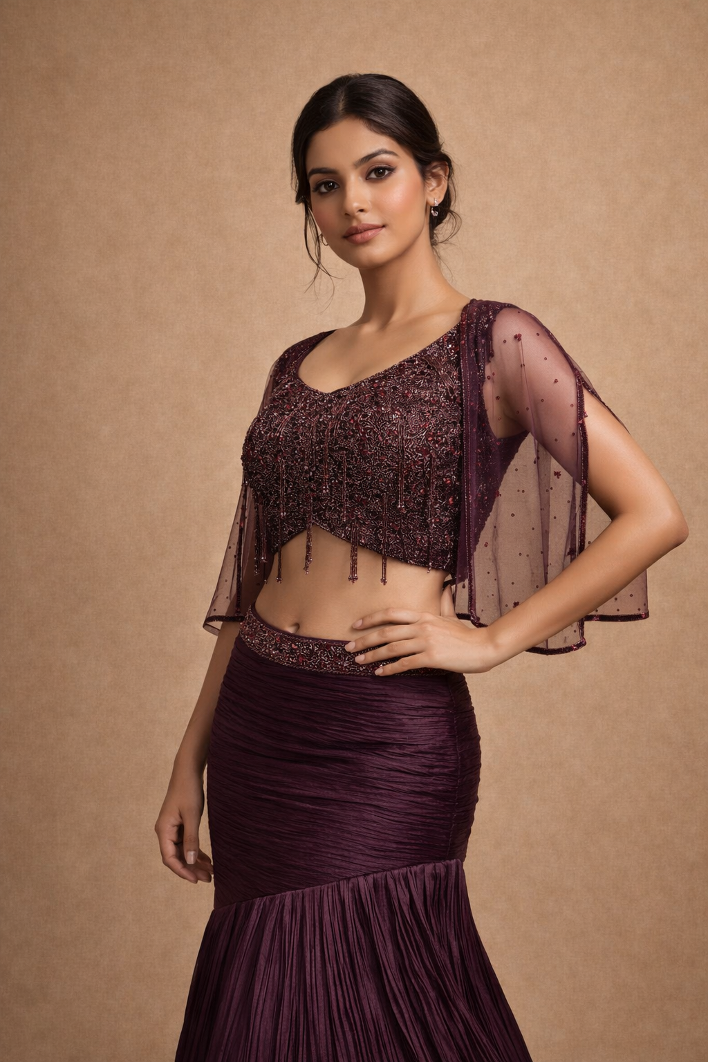 Deep Wine Plum Embroidered Mermaid Style Lehenga Choli with Cape Sleeves