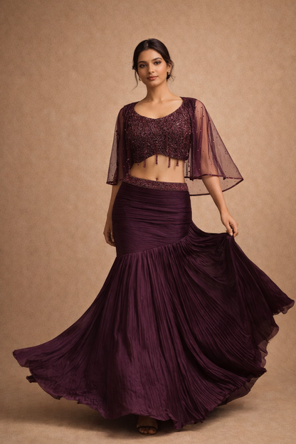 Deep Wine Plum Embroidered Mermaid Style Lehenga Choli with Cape Sleeves