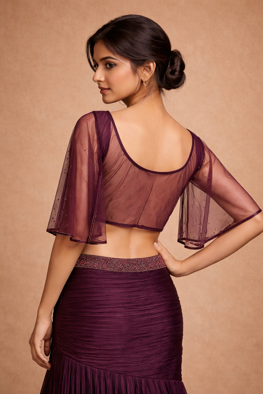 Deep Wine Plum Embroidered Mermaid Style Lehenga Choli with Cape Sleeves