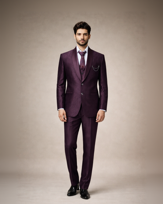 Deep Wine Purple Jacquard Designer Tuxedo Suit