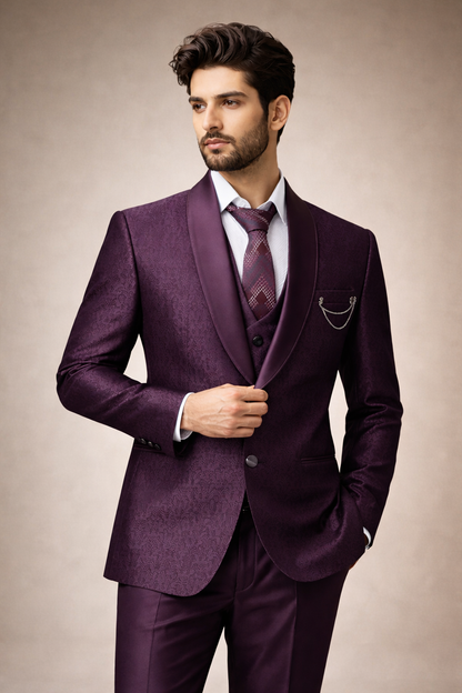 Deep Wine Purple Jacquard Designer Tuxedo Suit