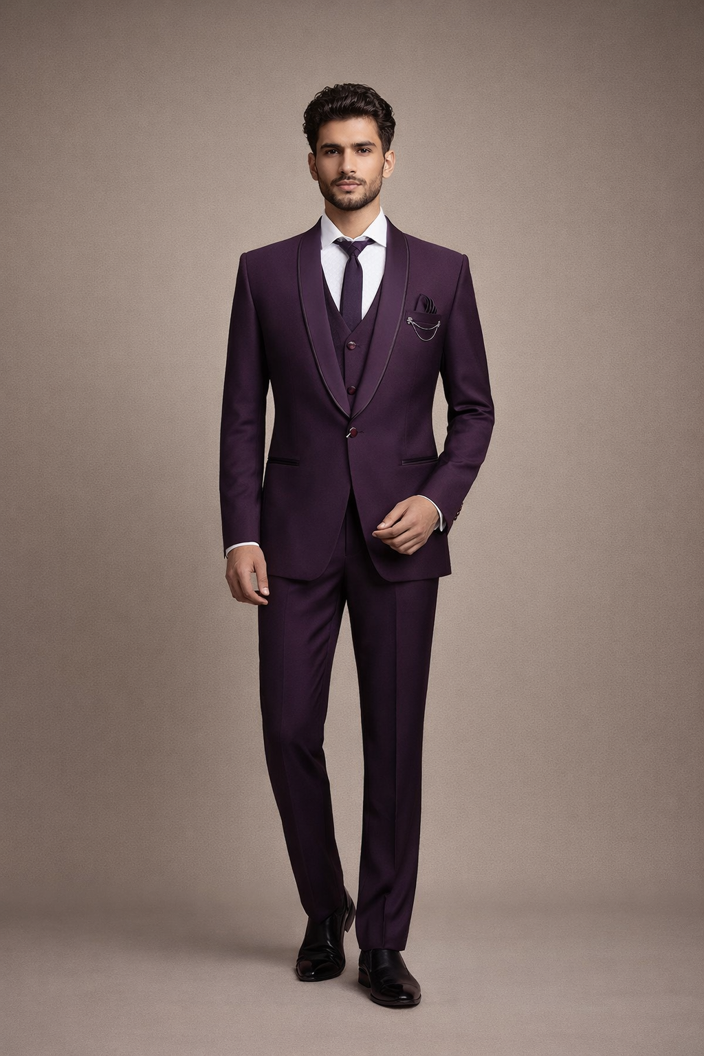 Deep Wine Purple Satin Finish 3-Piece Tuxedo Suit
