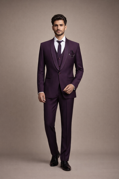 Deep Wine Purple Satin Finish 3-Piece Tuxedo Suit