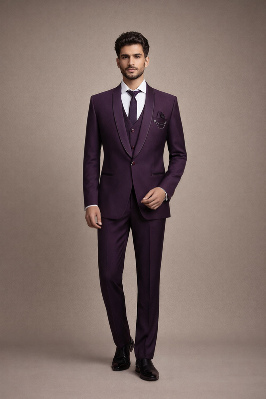 Deep Wine Purple Satin Finish 3-Piece Tuxedo Suit