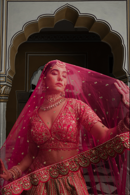 Diva Pink Silk Bridal Lehenga with Zari & Sequins Embroidery