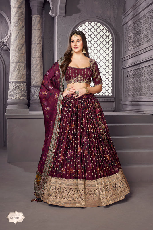 Stunning Maroon Silk Printed Lehenga Choli