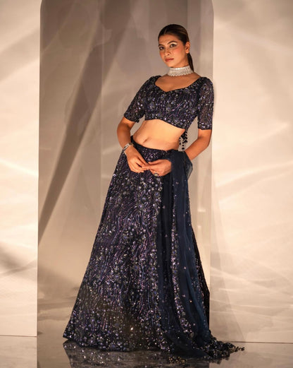 Midnight Blue Lehenga with Hand-Embroidered Blouse and Dupatta Set
