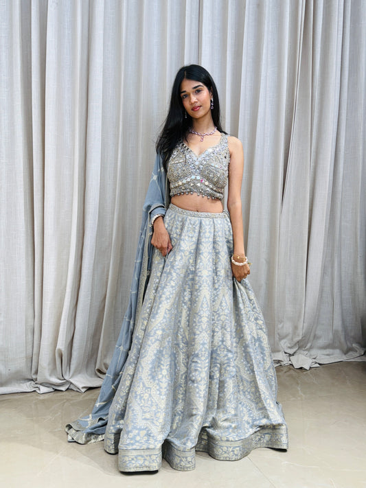 Dusty Blue Embroidered Silk Lehenga Set with Mirror Work Blouse