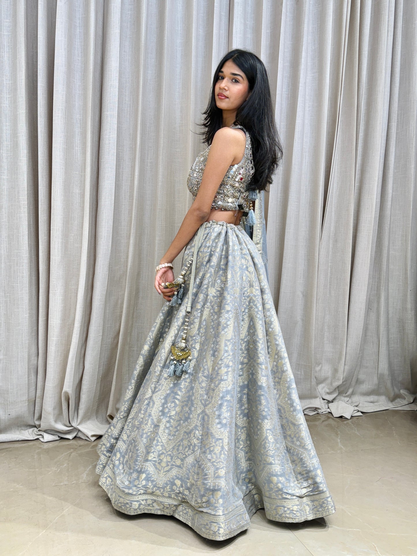 Dusty Blue Embroidered Silk Lehenga Set with Mirror Work Blouse