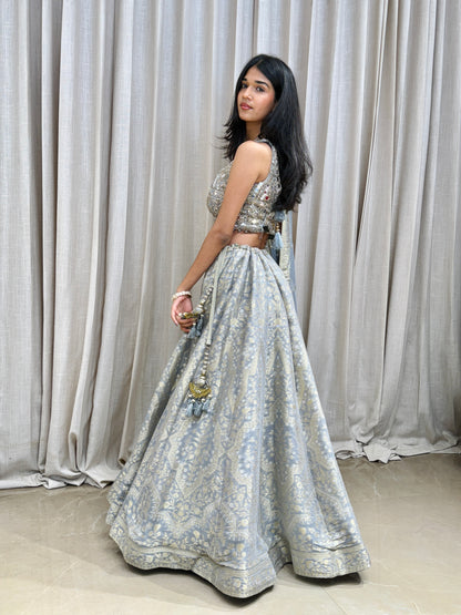 Dusty Blue Embroidered Silk Lehenga Set with Mirror Work Blouse