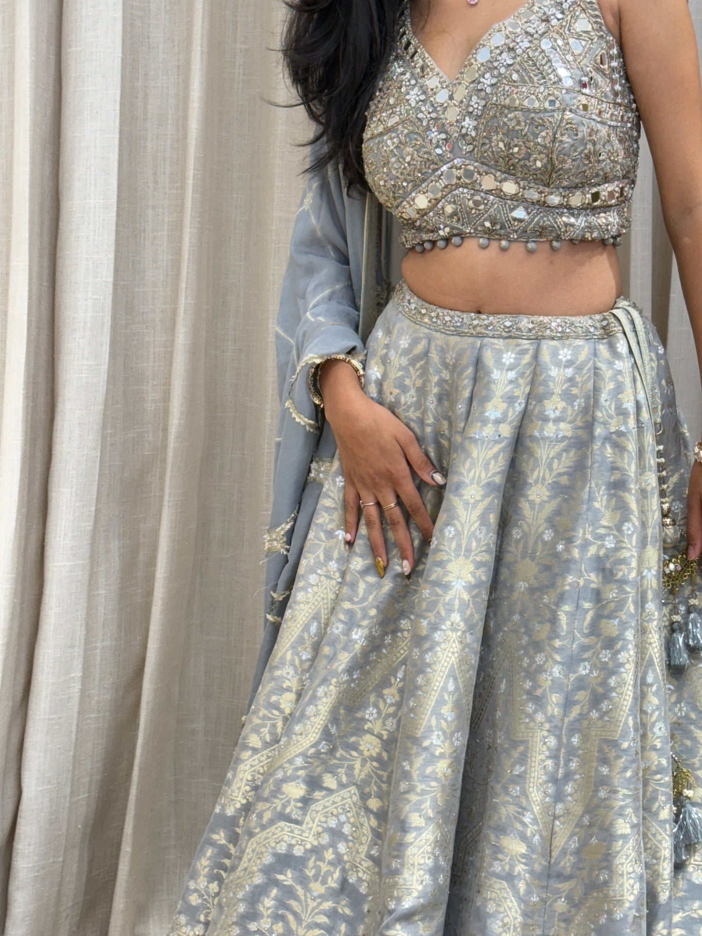 Dusty Blue Embroidered Silk Lehenga Set with Mirror Work Blouse