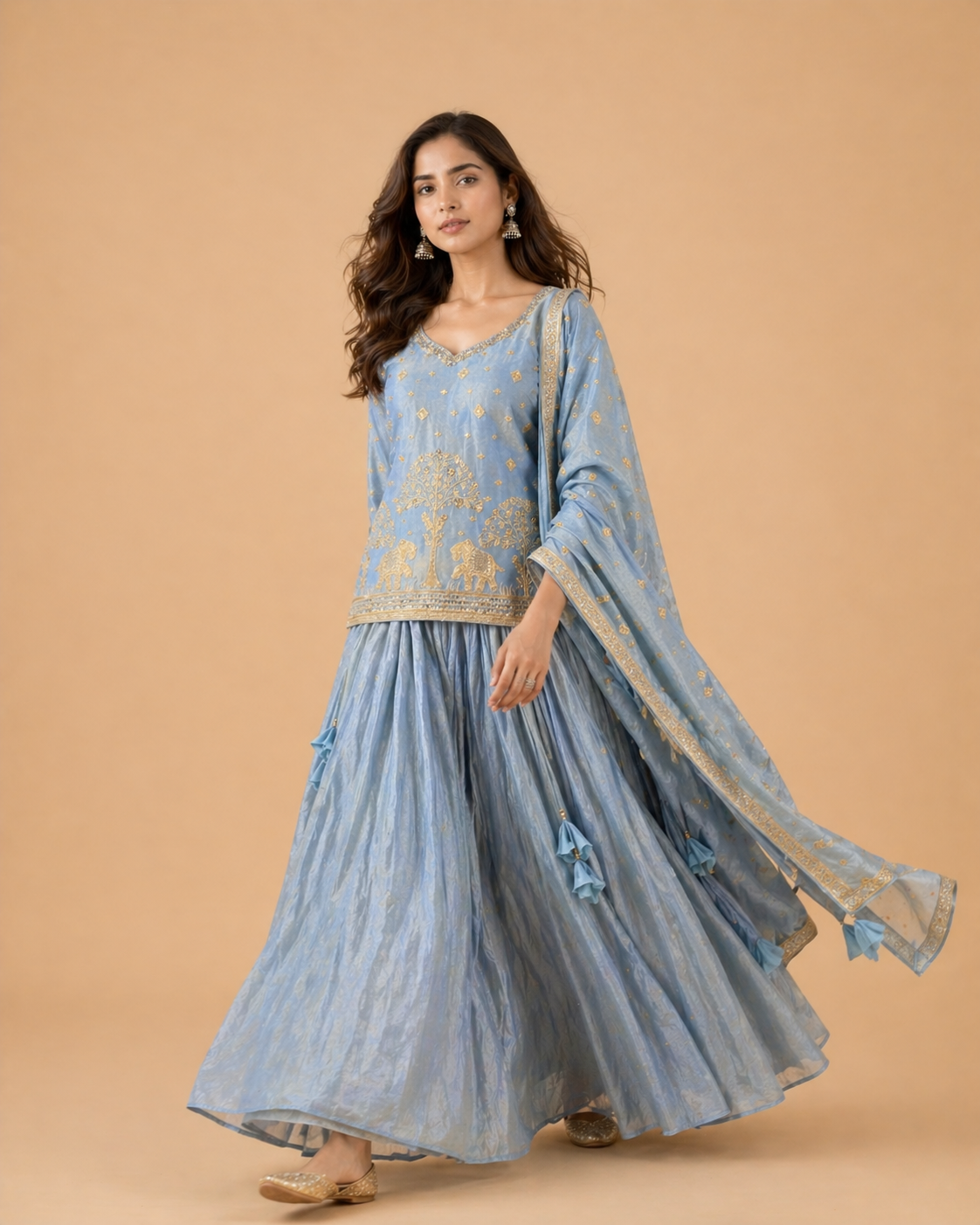 Dusty Blue Silk Lehenga Set with Antique Gold Elephant Motif Embroidered Blouse