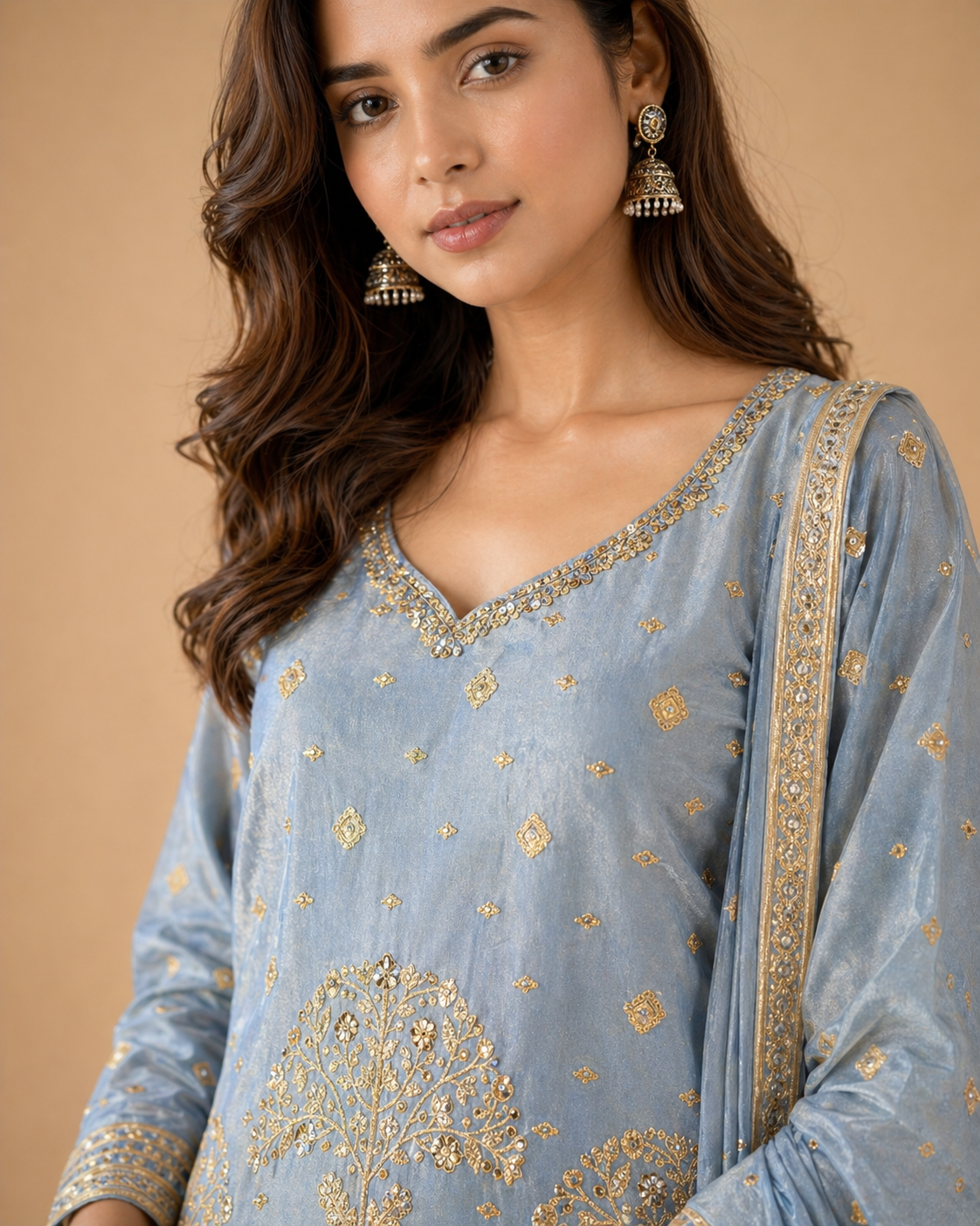 Dusty Blue Silk Lehenga Set with Antique Gold Elephant Motif Embroidered Blouse