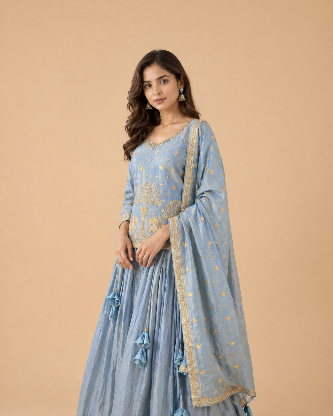 Dusty Blue Silk Lehenga Set with Antique Gold Elephant Motif Embroidered Blouse