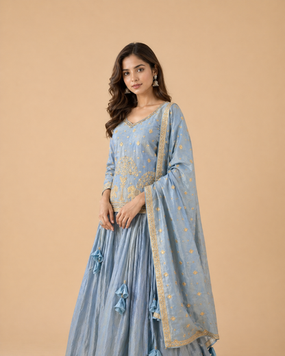 Dusty Blue Silk Lehenga Set with Antique Gold Elephant Motif Embroidered Blouse