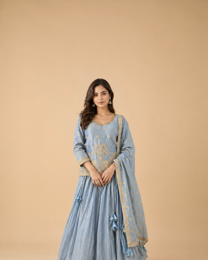Dusty Blue Silk Lehenga Set with Antique Gold Elephant Motif Embroidered Blouse
