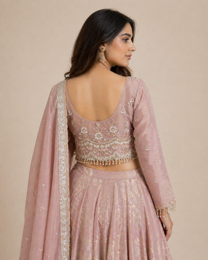 Dusty Blush Pink Embroidered Kurta Lehenga Set with Dupatta