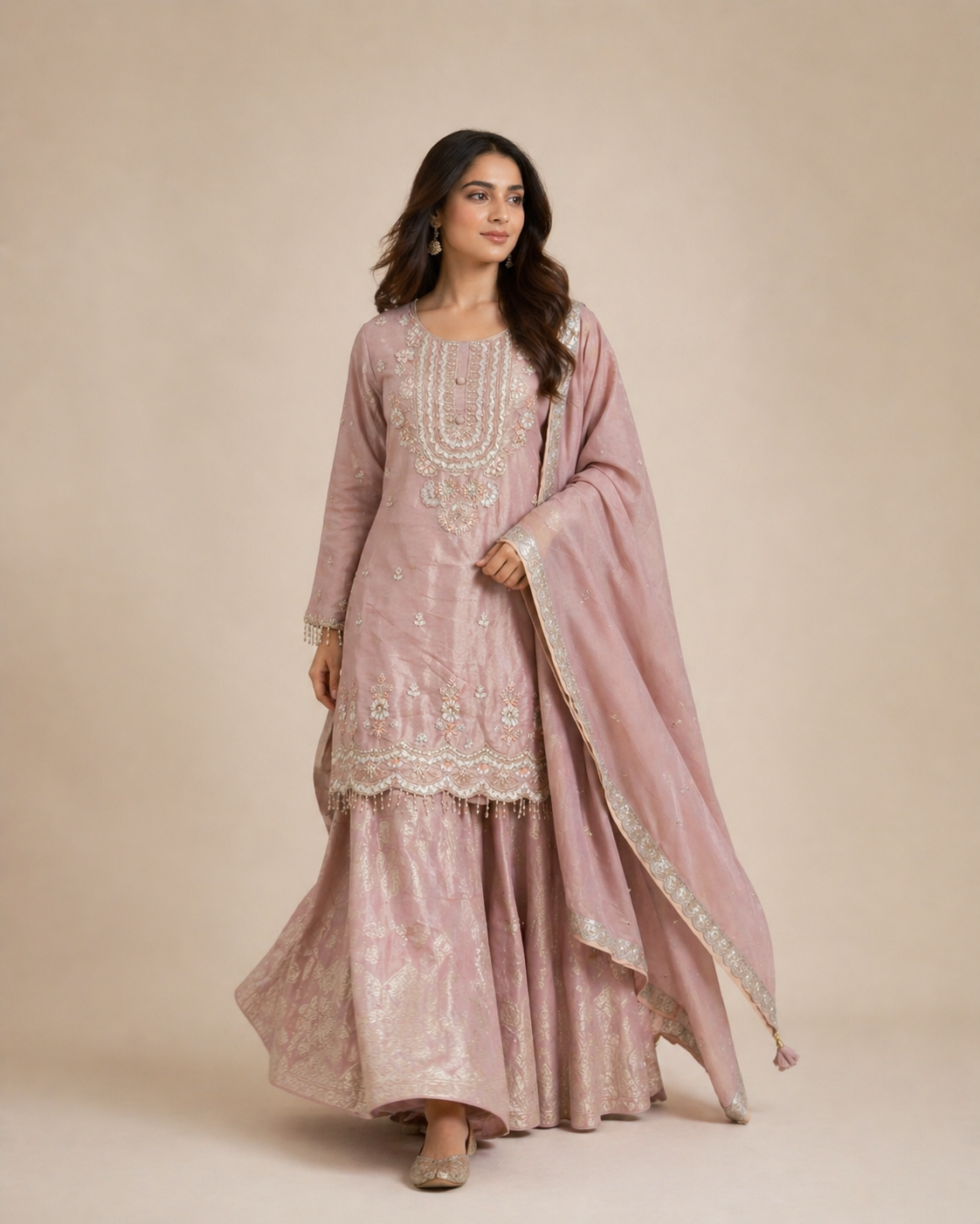 Dusty Blush Pink Embroidered Kurta Lehenga Set with Dupatta