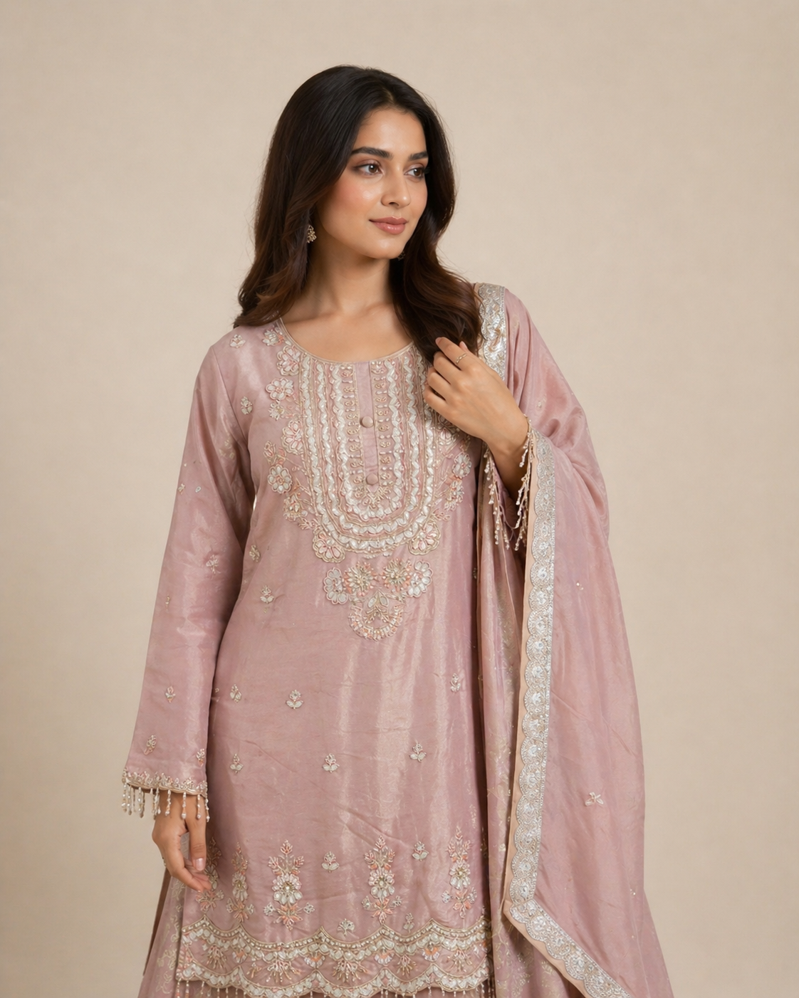 Dusty Blush Pink Embroidered Kurta Lehenga Set with Dupatta