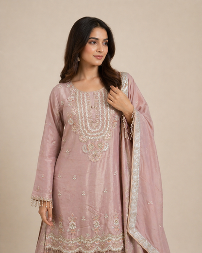 Dusty Blush Pink Embroidered Kurta Lehenga Set with Dupatta