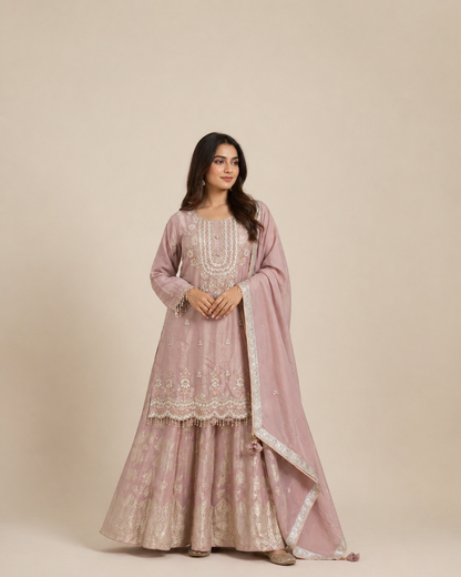 Dusty Blush Pink Embroidered Kurta Lehenga Set with Dupatta