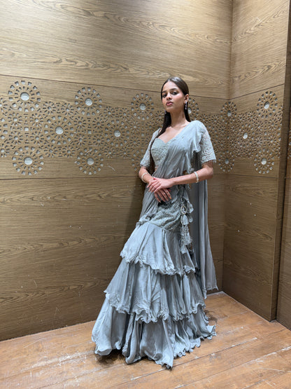 Dusty Grey Ruffled Sharara Set with Hand Embroidery & Draped Dupatta