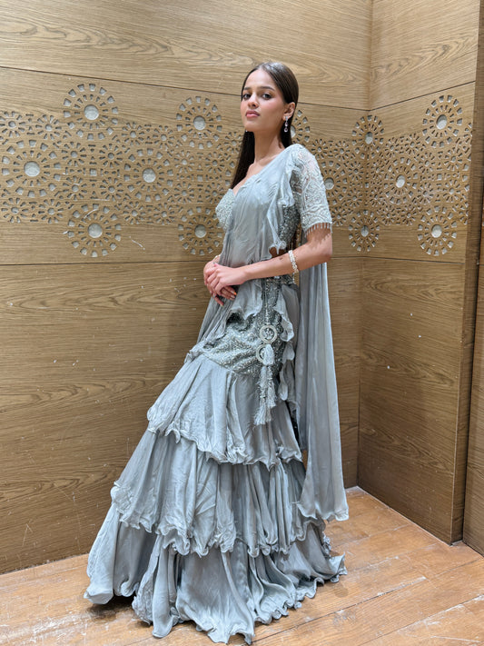 Dusty Grey Ruffled Sharara Set with Hand Embroidery & Draped Dupatta