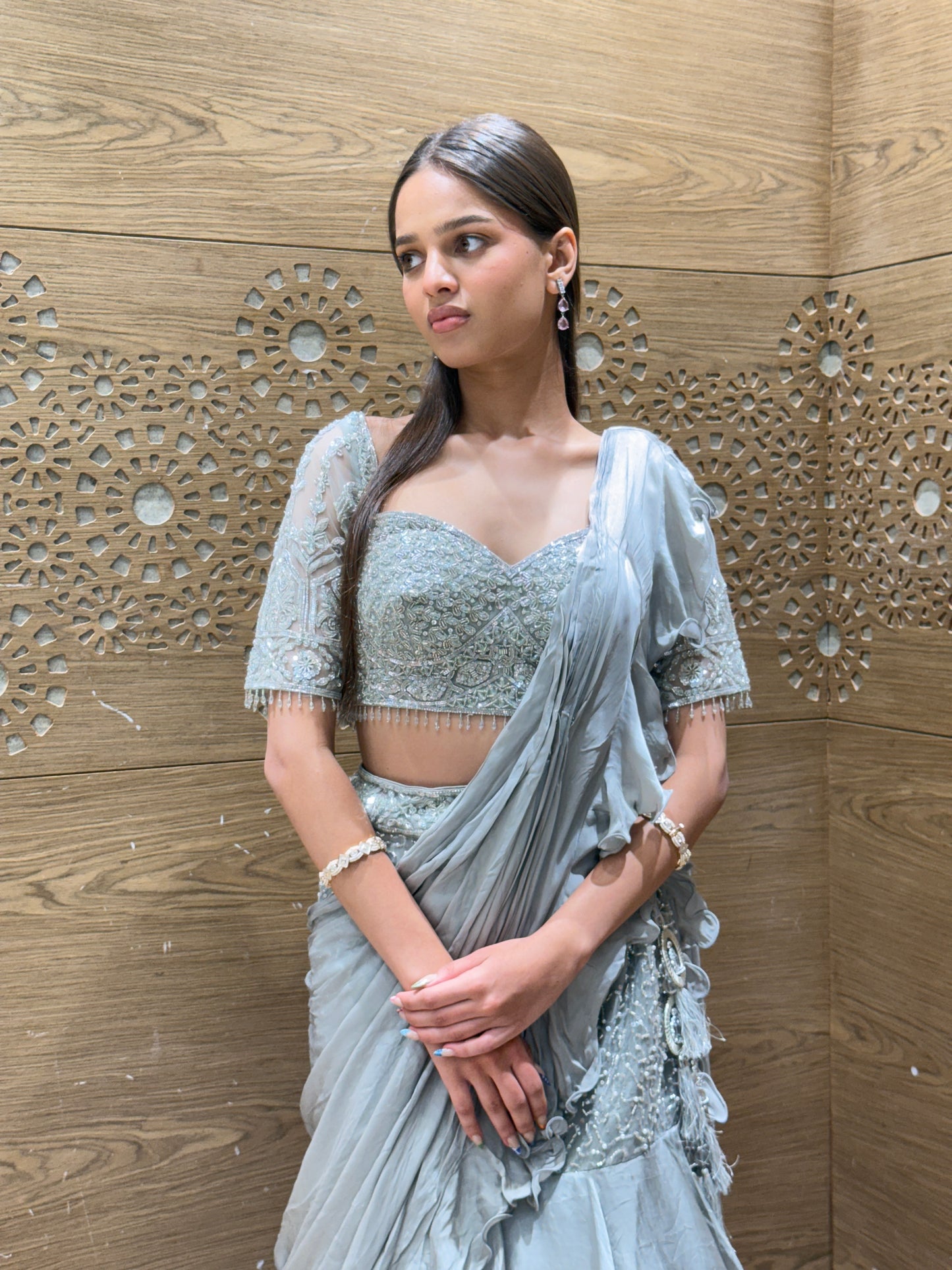 Dusty Grey Ruffled Sharara Set with Hand Embroidery & Draped Dupatta