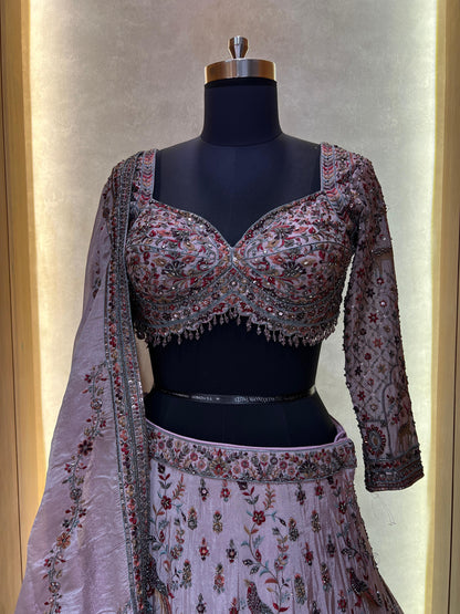 Dusty Lavender Threadwork Lehenga with Heavy Zardozi & Sequin Embroidery