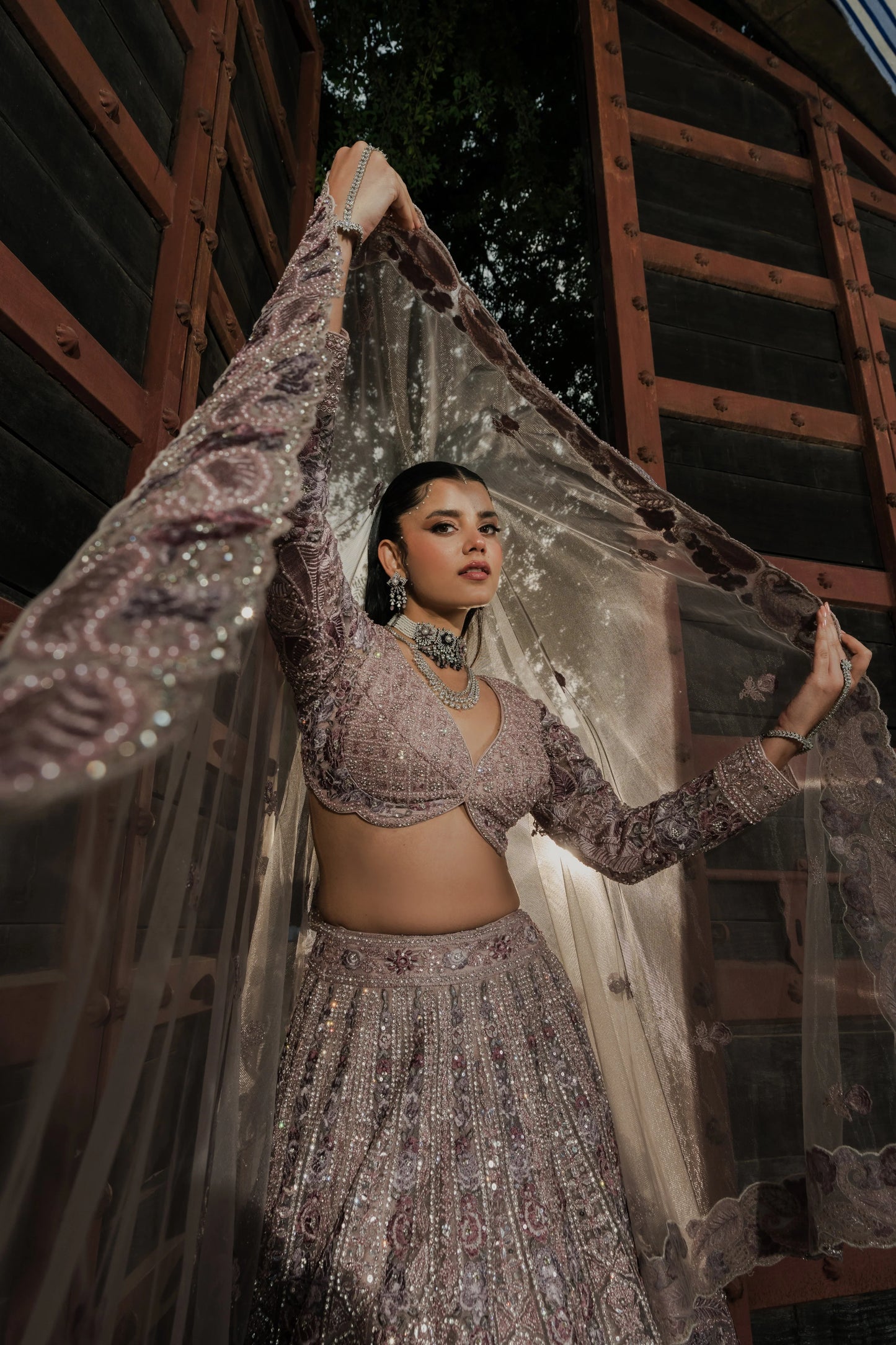 Dusty Lilac Net Lehenga with Intricate Sequin and Thread Embroidery