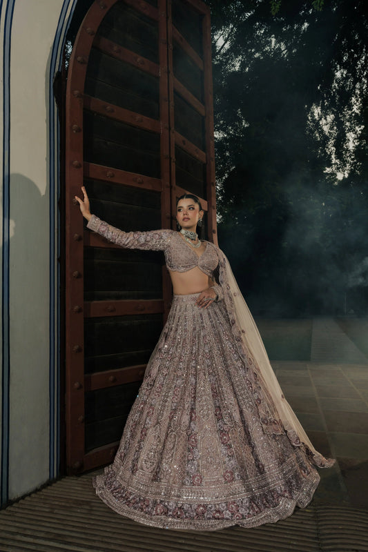 Dusty Lilac Net Lehenga with Intricate Sequin and Thread Embroidery