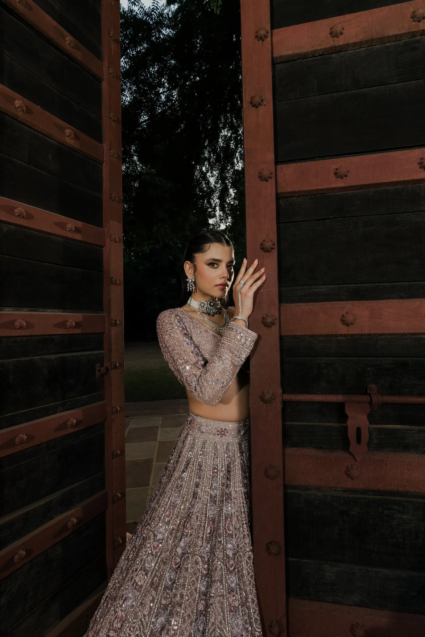 Dusty Lilac Net Lehenga with Intricate Sequin and Thread Embroidery