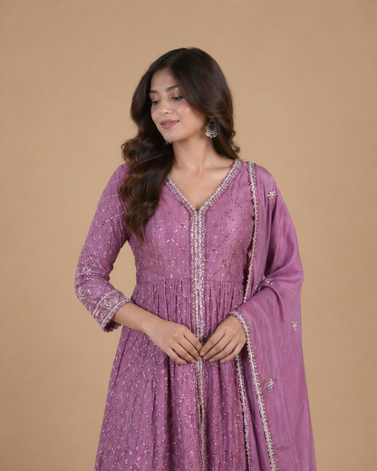Dusty Mauve Embroidered Anarkali Kurti Set