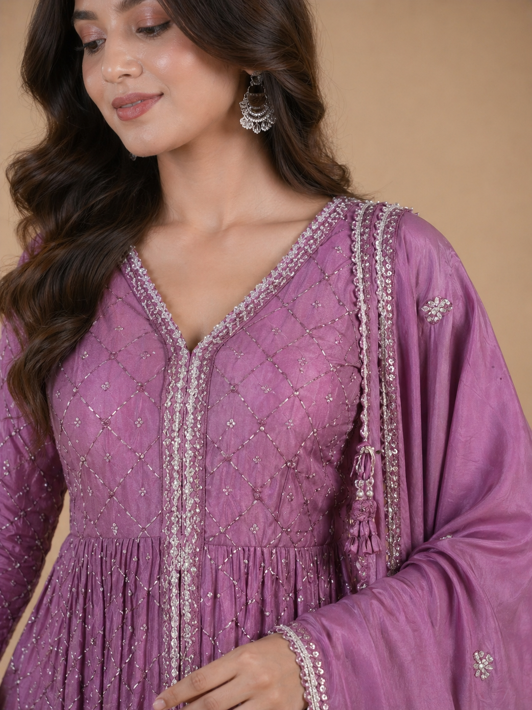 Dusty Mauve Embroidered Anarkali Kurti Set