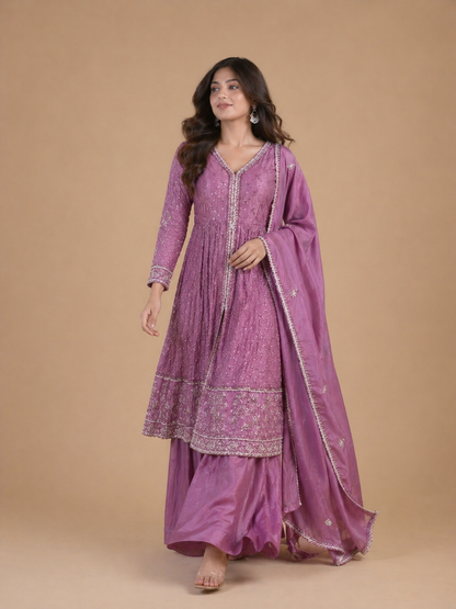 Dusty Mauve Embroidered Anarkali Kurti Set