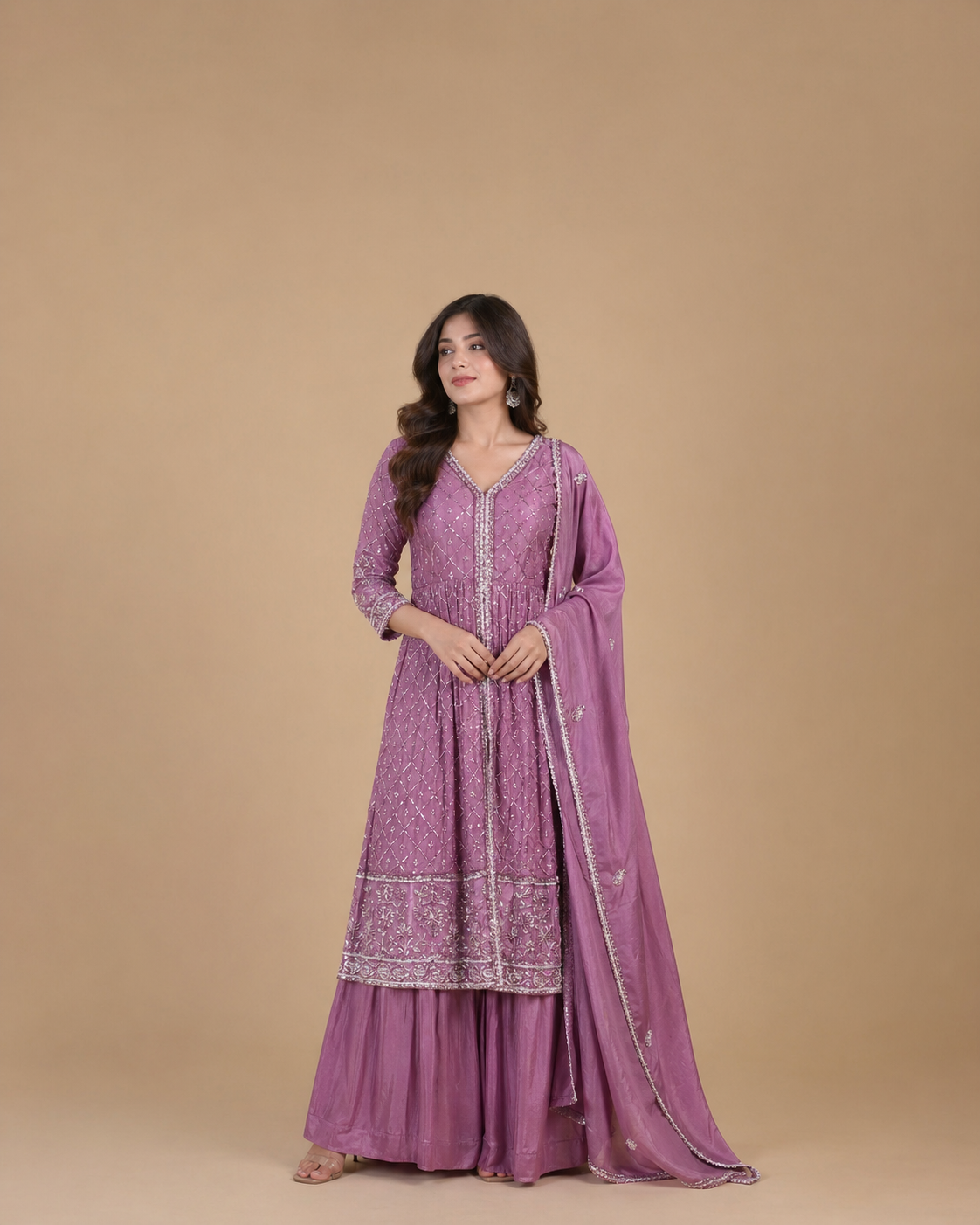 Dusty Mauve Embroidered Anarkali Kurti Set