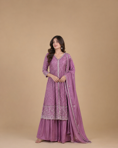 Dusty Mauve Embroidered Anarkali Kurti Set